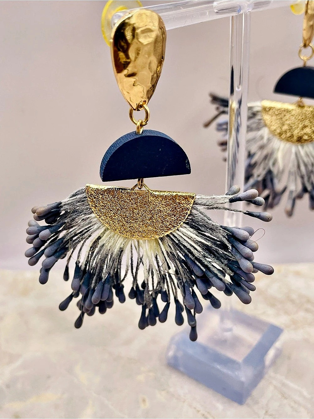 Blue & Gold Tassel Fringe Fan Statement Earrings. Wood Accents Like New